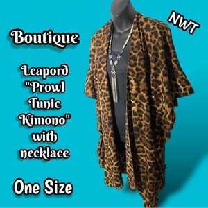 TPO Boutique Leopard Prowl Tunic Kimono One Size INCLUDES Unique Necklace